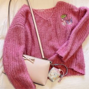 Handmade 🌸 Embroidered My Melody and Kuromi pink cable-knit sweater
